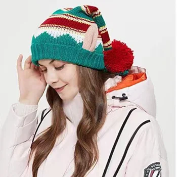 Рождественская Вязаная шапка, шапки для взрослых, Рождественские Шапки с напуском, Шапка Санты, мужская Зимняя шапка Санта-Клауса, охотничья кепка в клетку