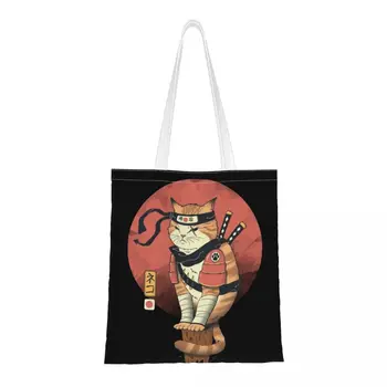 Японский стиль Кошки Аниме Самурайский меч Женская сумка через плечо Японская Холщовая сумка-тоут Эстетичная сумка большой емкости Сумка для покупок