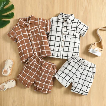 Комплект Одежды для маленьких мальчиков, 2 предмета, костюм контрастного цвета в клетку с лацканами, Рубашка на пуговицах с коротким рукавом, Топы с шортами, от 0 до 3 лет