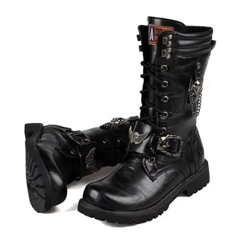 Бренд ZERO MORE Армейские ботинки Мужские Военные Мужские Ботинки с цепочкой И Металлической Пряжкой в виде Черепа На шнуровке, Мужские Мотоциклетные Ботинки в стиле Панк, Мужская обувь в стиле Рок