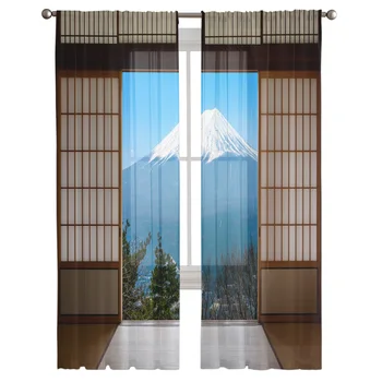 Открытый пейзаж Японской горы Фудзи Деревянная дверь Прозрачные шторы для гостиной Обработка окон спальни Кухня Шифоновая занавеска