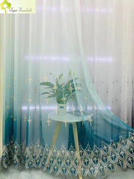 Серо-голубые прозрачные шторы с градиентной сеткой с вышивкой для гостиной, спальни, тюлевые шторы с кружевным низом, тонкие шторы для обработки окон