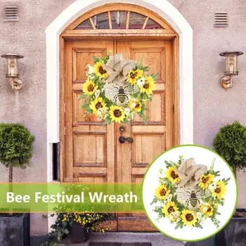 Венок Домашний Декор Входная Дверь Пчелиный Кулон Зеленый Лист Яркий Украсить Бантом-узлом Сохранить Цветущий Фестиваль Пчел