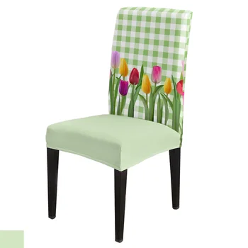 Тюльпан Пасхальный идиллический клетчатый чехол для стула из натурального дерева, обеденный эластичный спандекс, чехлы для сидений, декор для домашнего офиса, набор чехлов для стула