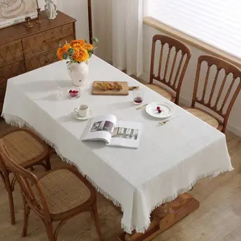 Белая хлопчатобумажная Льняная скатерть во французском стиле, Декоративная ткань, Вафельный хлопок, Прямоугольная Кружевная Круглая Скатерть, Кофейно-чайный столик, крышка