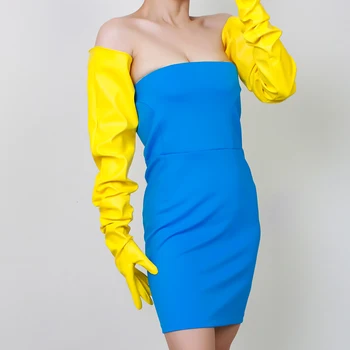 Женская элегантная модная длинная желтая перчатка из искусственной кожи, женская Фотография для вождения, Выступление на вечеринке, Длинная перчатка R1997