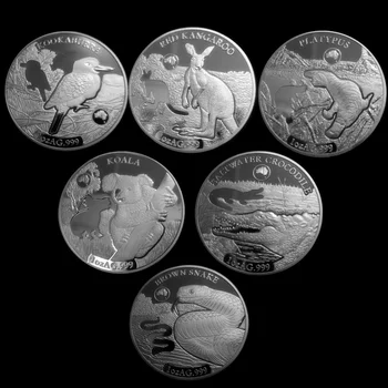 6 шт./лот, набор монет Австралии 2019, 1 унция серебряных монет крокодил + коала + Змея + кукабурра, подарочные монеты вызова