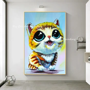 Кошка, милое животное, красочное пейзажное изображение, абстрактная 100% ручная роспись маслом, текстура для домашнего декора гостиной