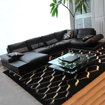 yj Черный, Большой Кожаный диван для квартиры, U-Образная комбинация, гостиная на вилле, Скандинавская Простая Постмодернистская Светлая Роскошная мебель