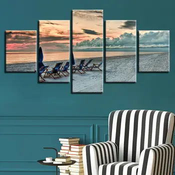 Пляжные стулья на берегу моря Картина на закате 5 панелей Печать на холсте Настенное искусство Домашний декор HD Печать фотографий Плакат без рамки 5 штук