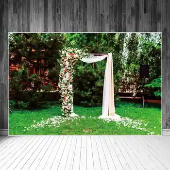 Лепестки цветов, Белая занавеска, украшение двери, Фон для фотосъемки Свадебной церемонии, Сад, Зеленая трава, Сосна, фон для фото