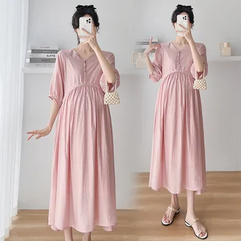1179 # 2023 Летнее Корейское модное длинное платье для беременных трапециевидной формы, Тонкая свободная одежда для беременных женщин, кормление после родов