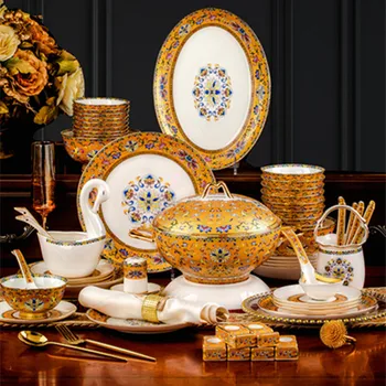 Китайская посуда 80шт Набор посуды серии Gold Enamel из костяного фарфора Чаши и тарелки Фарфоровый Обеденный сервиз