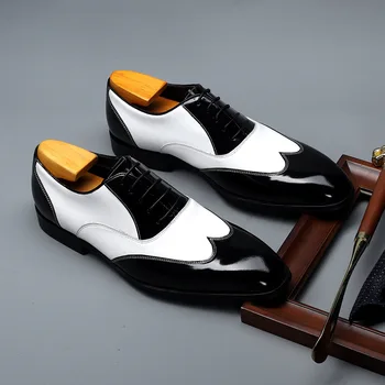 Новые весенне-осенние мужские свадебные туфли из натуральной кожи на шнуровке ручной работы, черные/белые оксфорды на плоской подошве, деловые офисные туфли