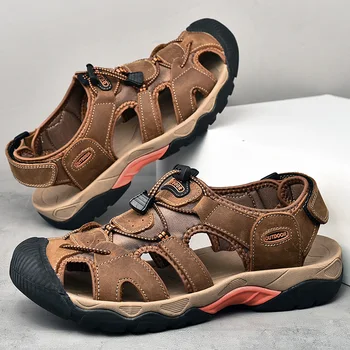 Летняя мужская обувь 2023 года, Новые повседневные сандалии для прогулок на открытом воздухе, противоскользящая пляжная спортивная обувь, сандалии на платформе, Кожаные мужские тапочки