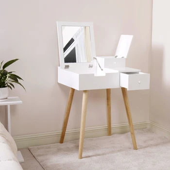 Белый туалетный столик для макияжа с зеркалом с откидной крышкой и 2 выдвижными ящиками для спальни, гостиной