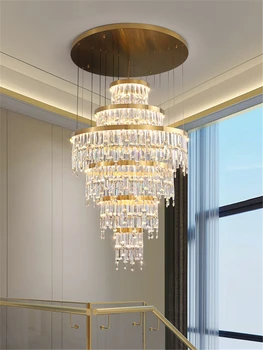 Современная хрустальная Люстра для гостиной на лестничной клетке со светодиодной подсветкой класса Люкс для домашнего декора Креативная Дизайнерская лампа Gold Round Cristal