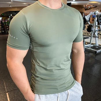 Новые облегающие дышащие быстросохнущие Мужские футболки для бега, тренировки в тренажерном зале, Бег трусцой, эластичный Спортивный Трикотаж