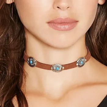 Модные Богемные коричневые Бархатные Чокеры, ожерелья в стиле панк, ожерелье с синим камнем Для женщин, Аксессуары для вечеринок