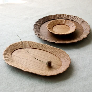 Деревянный сервировочный поднос Декоративный круглый поднос для подачи еды, кофе или чая, поднос из цельного дерева орехового дерева с ручной резьбой