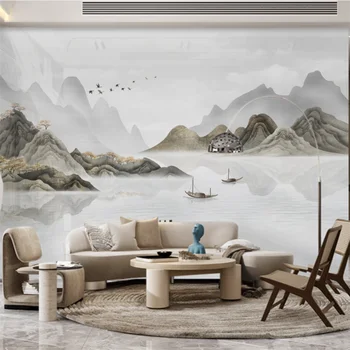Индивидуальные обои 3D рисованная пейзажная живопись светло-серая китайская гостиная диван телевизор фон настенная роспись отель настенная роспись