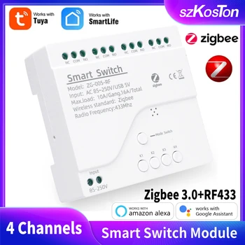 Модуль Tuya Zigbee Smart Switch 4 Канала 85-250 В WiFi Реле DIN-Рейка RF433 Пульт Дистанционного управления Работает с Alexa Google Zigbee Hub