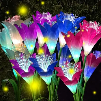 Имитация лилий с 4 головками, светодиодная солнечная лампа, цветок, Наружный IP65 Водонепроницаемый Садовый газон, светильник для украшения ландшафтной дорожки во дворе.