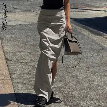 Юбка-карго цвета Хаки, женские юбки с разрезом и высокой талией, летняя уличная одежда 2000-х, эстетичные однотонные длинные юбки Y2k, женская одежда