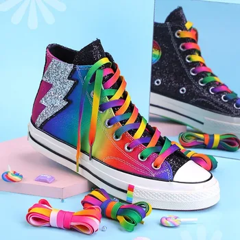 Плоские шнурки, шнурки цвета радуги, повседневная парусиновая обувь, красочные шнурки с градиентным принтом, подходящие для всех унисекс, 1 пара