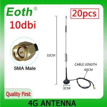 Eoth 20шт 4G LTE Антенна 10dbi SMA Штекерная Антенна 698-960/1700-2700 МГц IOT магнитное основание 3 м Прозрачная Присоска Antena