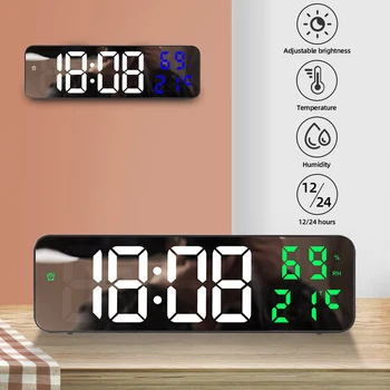 Большие светодиодные цифровые настенные часы с индикацией температуры, влажности, даты, будильники, 12/24-часовой режим, настольные часы с батарейным питанием