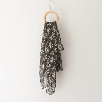 Черный шелковый шарф с цветочным принтом Для женщин, Весна-осень, Тонкие Легкие Шифоновые шарфы, Шали, палантины, пляжные палантины