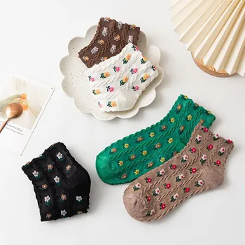 5 Пар женских хлопчатобумажных коротких милых носков с цветочным рисунком Vintag Lady Girls, весенне-летний дышащий комплект носков для японских студентов для женщин