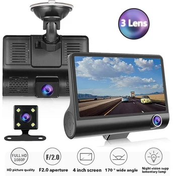 Автомобильный видеорегистратор с 3 камерами, автомобильный видеорегистратор с двойным объективом Full HD 1080P, 4,0-дюймовый ЖК-экран с обзором сзади 170 градусов