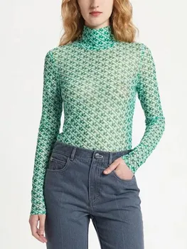 Женская футболка с зеленым принтом, тонкая водолазка с длинным рукавом, повседневная мода 2023, Летние Новые женские облегающие топы