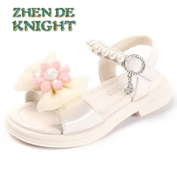 Детские сандалии 2023, летняя новинка, модная обувь принцессы для маленьких девочек, пляжные сандалии с бантом и цветами, размер 26-36