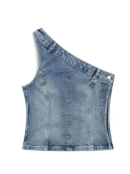 TRAF 2023, Летняя Новинка, женский Модный асимметричный джинсовый жилет, Сексуальный Камзол на одно плечо с боковой молнией.