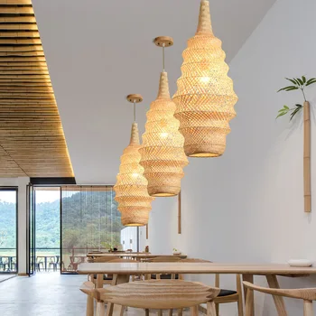 Подвесной светильник в китайском стиле, сплетенный из бамбука, современная креативная лампа ручной работы для чайной комнаты в семье, ресторана, декора кухни, люстры