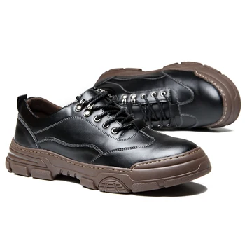 Модные повседневные мужские кроссовки из натуральной кожи с круглым носком, черные туфли для безопасной ходьбы на платформе, Уличная обувь в стиле Дерби